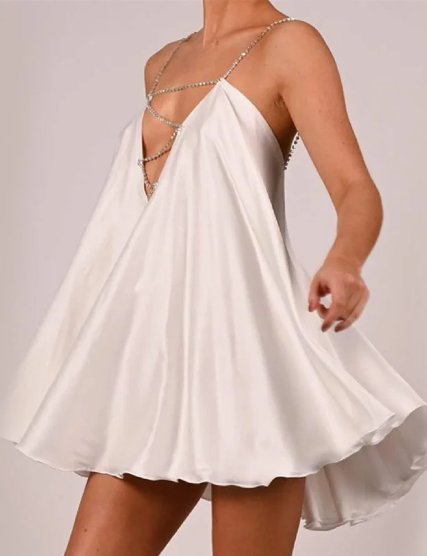 Stylish women's sexy nightwear with adjustable straps-Crystal Chain Straps Low Back Satin Swing Dress Stylish women's sexy nightwear with adjustable straps-Crystal Chain Straps Low Back Satin Swing Dress