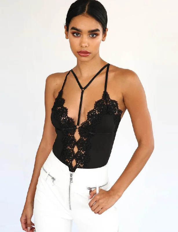 Women's sexy nightwear with relaxed fit for bedtime-Lace Hollow V-Neck Sexy Sling Bodysuit