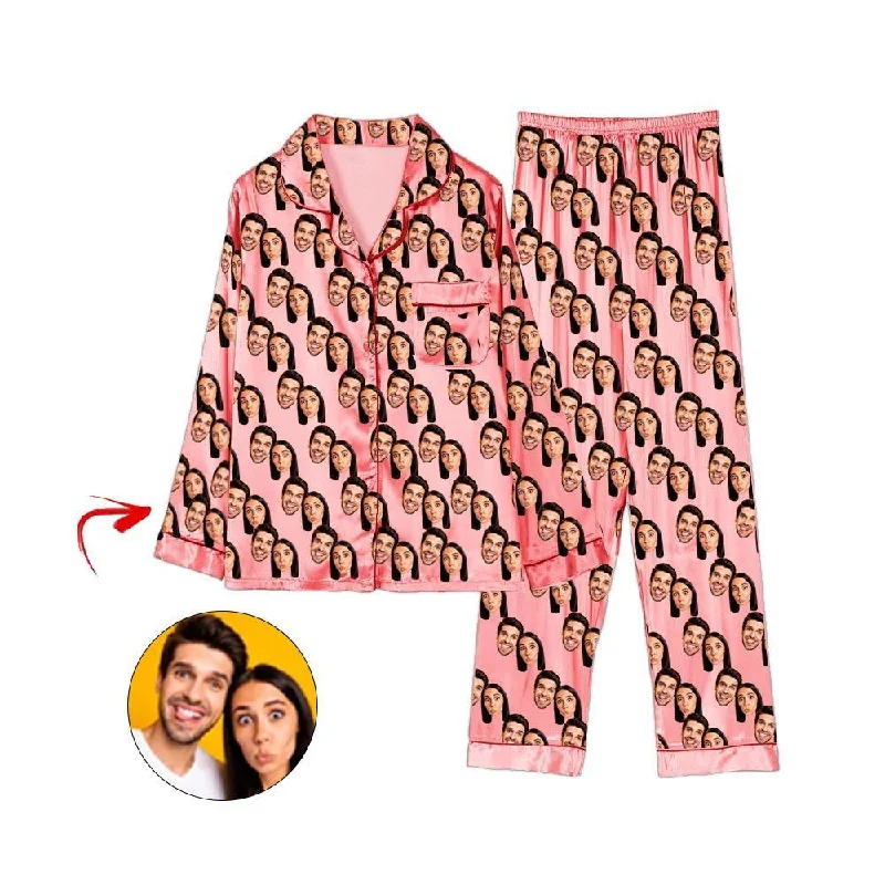 Matching mother and kid same suit with stripes for fun look-Custom Photo Satin Pajamas Happy You And Me Champagne