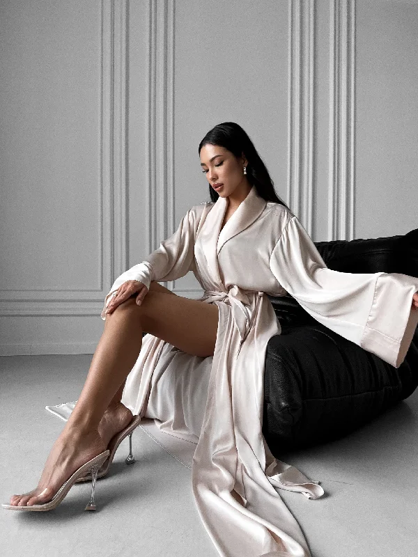 Stylish women's robes for lounging-Long Silky Robe with Collar and Slits