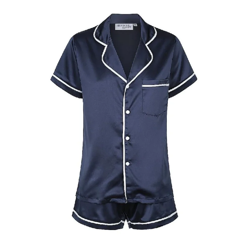 Mother and kid same suit with playful designs-Satin Personalised Pyjama Set - Short Sleeve Navy/White Mother and kid same suit with playful designs-Satin Personalised Pyjama Set - Short Sleeve Navy/White