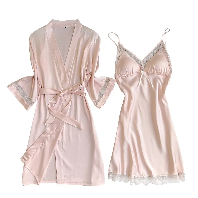 Women's robes with satin finish-Lace Kimono Robe Set