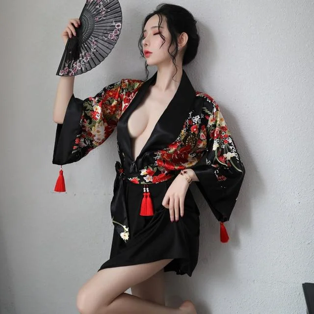 Women's robes for after bath wear-Sexy Luxury Kimono with Red Tassels