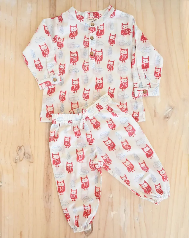 Mother and kid same suit for fun-filled family days-Transistor Owls Cotton Kurta Pyjama Set for Kids