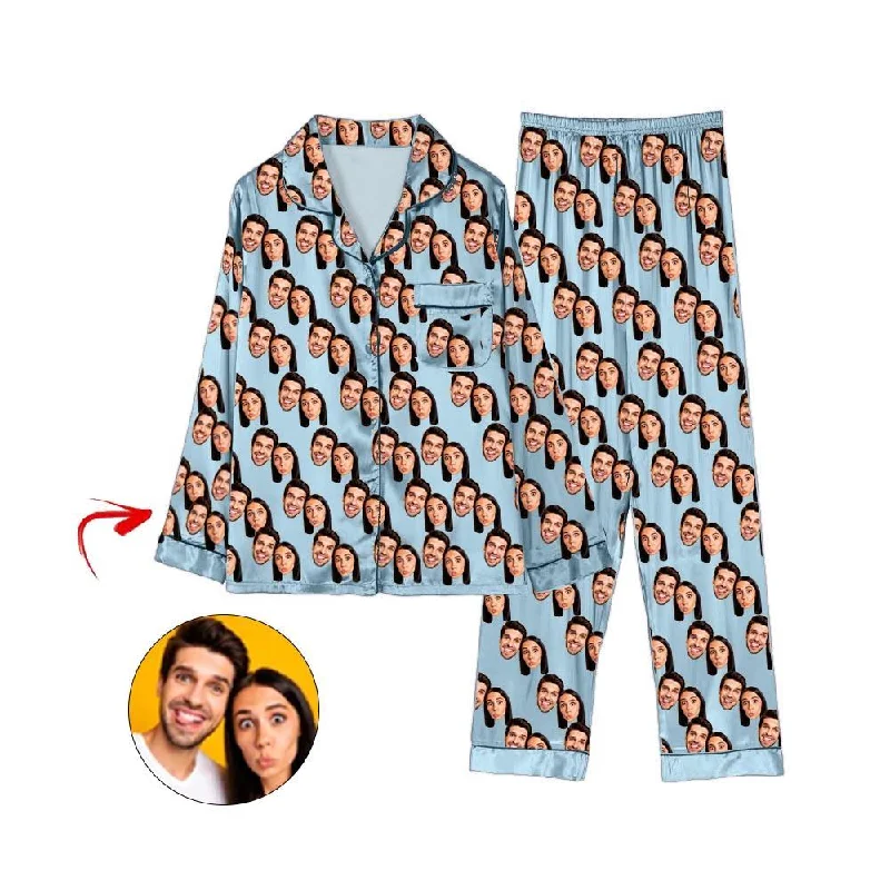 Soft matching mother and kid same suit for cozy moments-Custom Photo Satin Pajamas Happy You And Me Light Blue