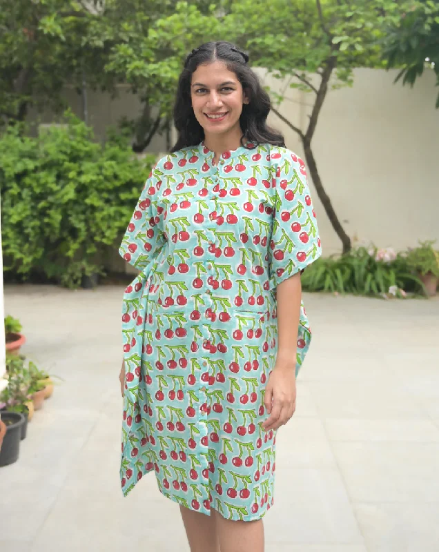 Soft matching mother and kid same suit for cozy moments-Cherries Hand Block Printed Cotton Midi Kaftan Shirt Soft matching mother and kid same suit for cozy moments-Cherries Hand Block Printed Cotton Midi Kaftan Shirt