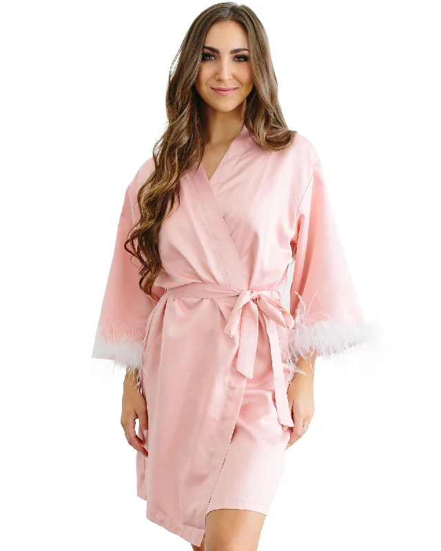 Women's robes for getting cozy and relaxed-Short Feather Trim Satin Robe
