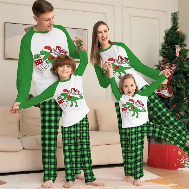 Matching mother and kid same suit for outdoor activities-Festive Santa Dinosaur Family Matching Pajama Set