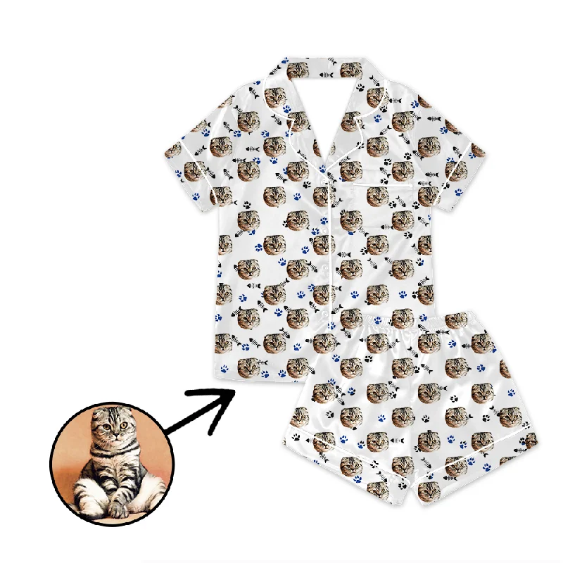 Comfortable matching mother and kid same suit for long trips-Custom Photo Satin Pajamas I Love My Cat White For Summer