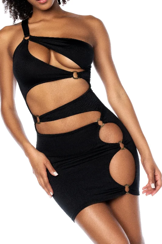 Sexy dress for full body shaping-Mapale Provocative Asymmetrical Cuts Dress Black