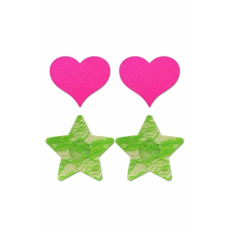 Nipple covers for preventing visible nip marks-Neon Pink Satin Heart & Green Lace Star Nipple Pasties