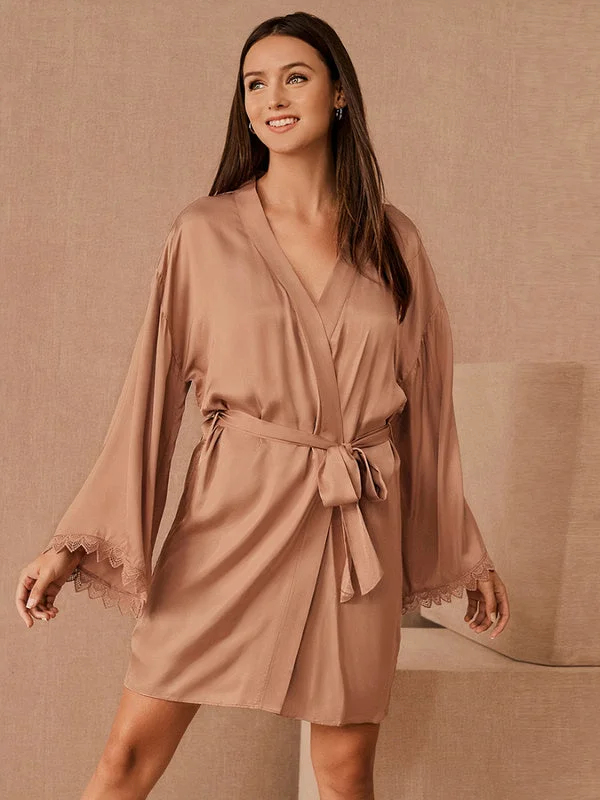 Women's robes with adjustable waist tie-Robe de Chambre Manches Amples en Satin pour Femme "Kimono Champagne"
