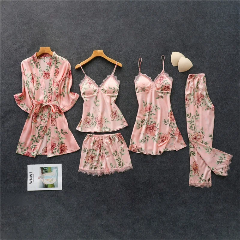 Women's robes with belt for adjustability-Silk Floral Overall Print 5Pcs Pajama Set
