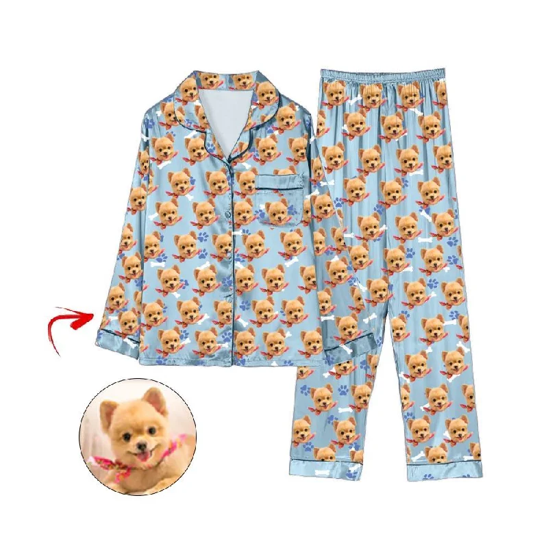 Casual matching mother and kid same suit for weekends-Custom Photo Satin Pajamas Dog Footprint Light Blue Casual matching mother and kid same suit for weekends-Custom Photo Satin Pajamas Dog Footprint Light Blue