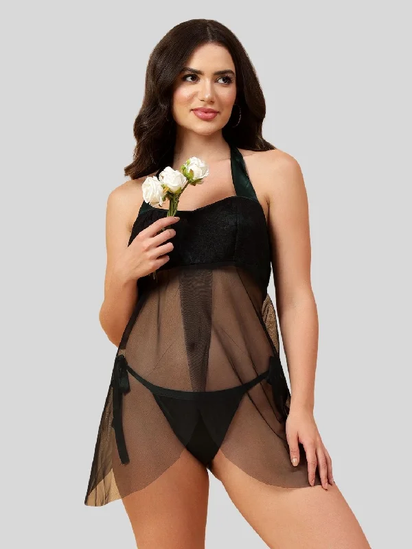 Cozy women's sexy nightwear with lace accents-Velvi Figure Sexy Bridal Babydoll Nighty- Black
