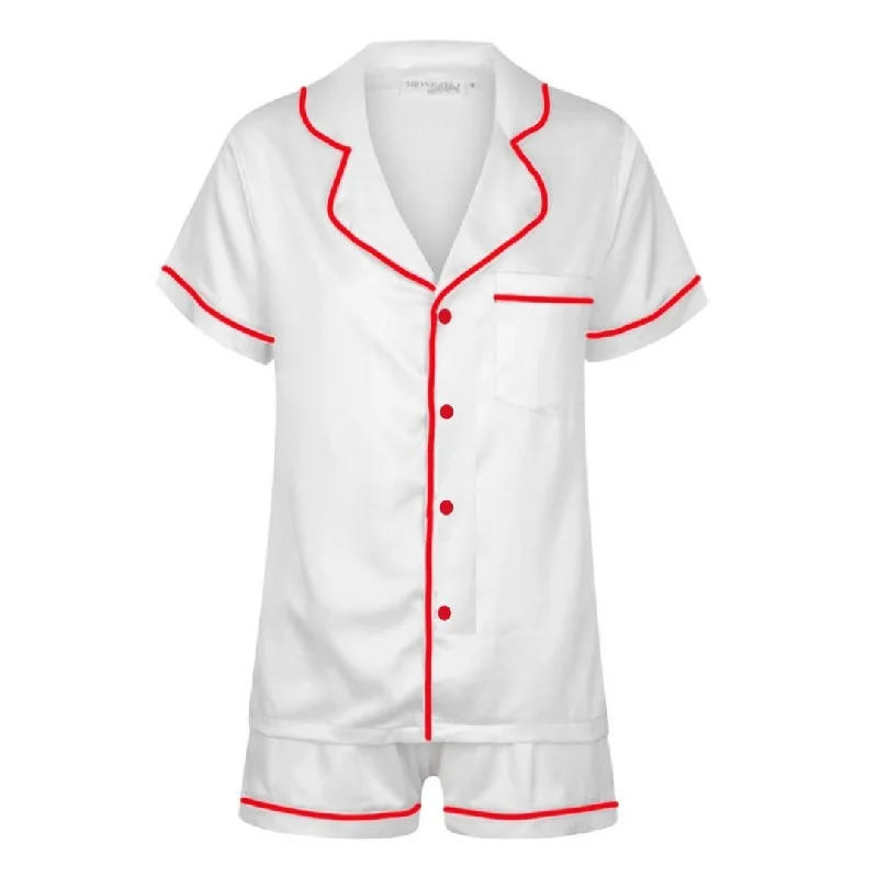 Matching mother and kid same suit for relaxed days-Satin Personalised Pyjama Set - Short Sleeve White/Red