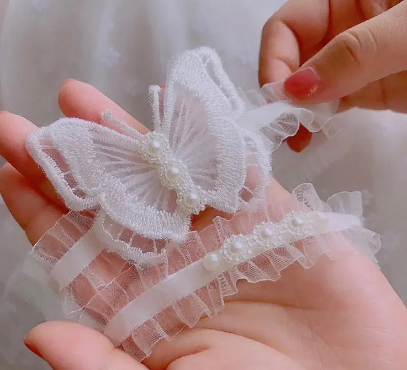 Nipple covers for wear with sheer fabrics-White Butterfly Wedding Garter Set, Embroidered Bridal Toss
