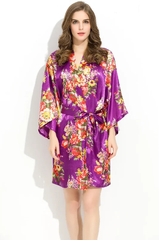 Cozy robes for women with long sleeves-Royal Purple Floral Bridesmaid Robes Kimono