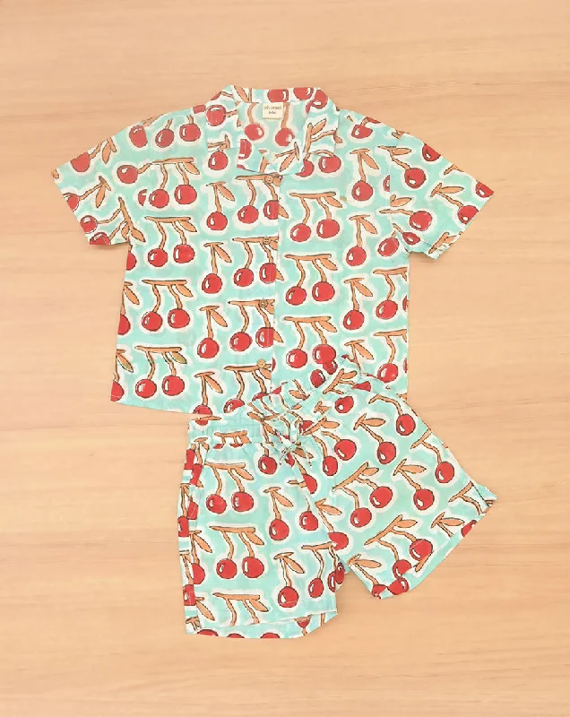 Chic mother and kid same suit for stylish photos-Cherries Shortees - Soft Cotton Shirt & Shorts Set for Kids Chic mother and kid same suit for stylish photos-Cherries Shortees - Soft Cotton Shirt & Shorts Set for Kids