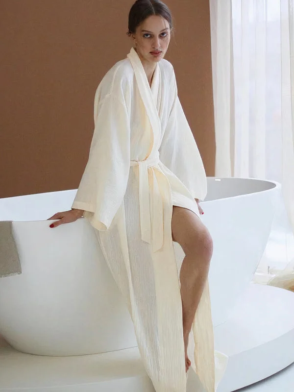Comfortable women's robes for warm evenings-Robe de Chambre Kimono de Mariée Longue avec Ceinture Nouée