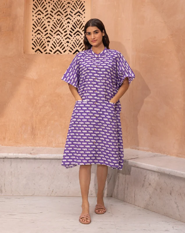 Matching mother and kid same suit for summer fun-Happy Hippos Hand Block Printed Cotton Midi Kaftan Shirt - F.R.I.E.N.D.S Edition