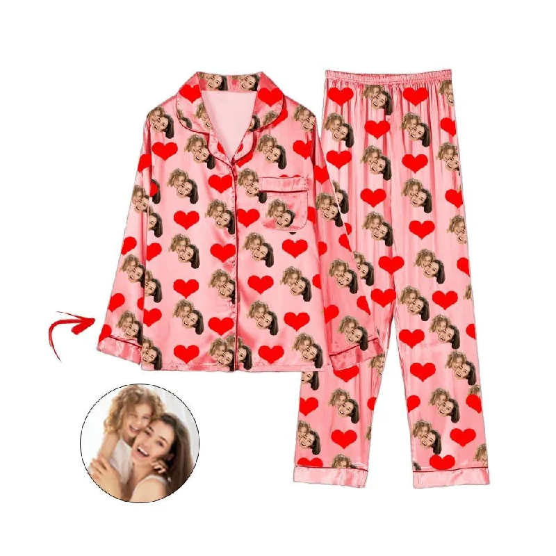 Matching mother and kid same suit for chic and cozy moments-Custom Photo Satin Pajamas Heart Happy Mother's Day Champagne