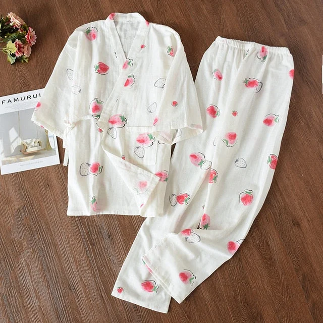 Warm women's robes for cold nights-Strawberry Cotton pajamas Kimono set