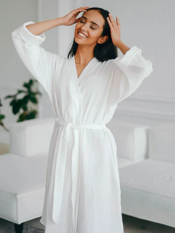 Elegant women's robes for evening wear-Robe de Chambre Femme mi-Longue en Coton Blanc "Nid Douillet"