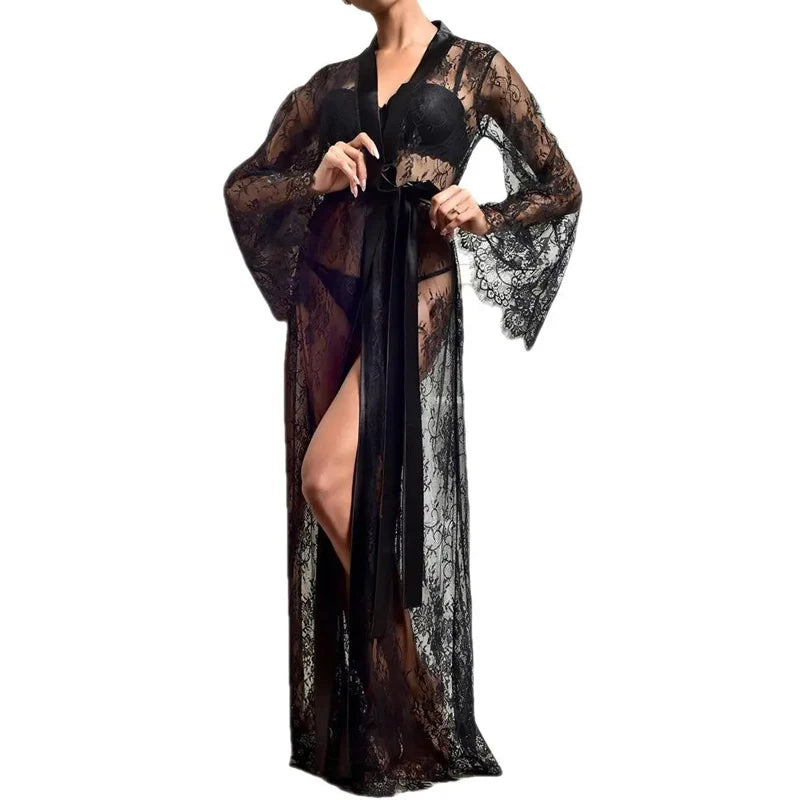 Sexy lingerie for flattering bust shape-Sexy Lace Long Robe - Hollow Out Nightdress
