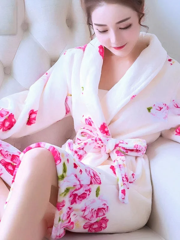 Women's robes with luxurious feel for relaxation-Robe de Chambre Polaire Femme "Floral Rose"