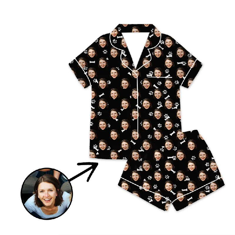 Fashionable matching mother and kid same suit for holidays-Custom Photo Satin Pajamas Dog Footprint Black For Summer Fashionable matching mother and kid same suit for holidays-Custom Photo Satin Pajamas Dog Footprint Black For Summer