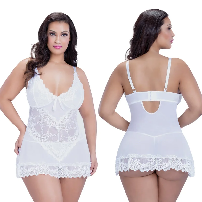 Elegant women's sexy nightwear with chic design-Valentine Lacey Babydoll With G-String-White Elegant women's sexy nightwear with chic design-Valentine Lacey Babydoll With G-String-White