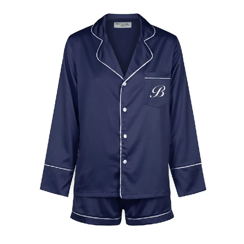 Chic mother and kid same suit for everyday outings-Satin Personalised Pyjama Set - Long Sleeve Navy/White Chic mother and kid same suit for everyday outings-Satin Personalised Pyjama Set - Long Sleeve Navy/White