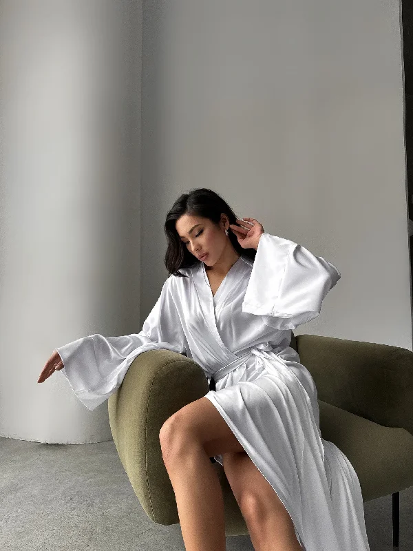 Soft women's robes with silky feel for bedtime-Silk Long Robe with Straight Sleeves