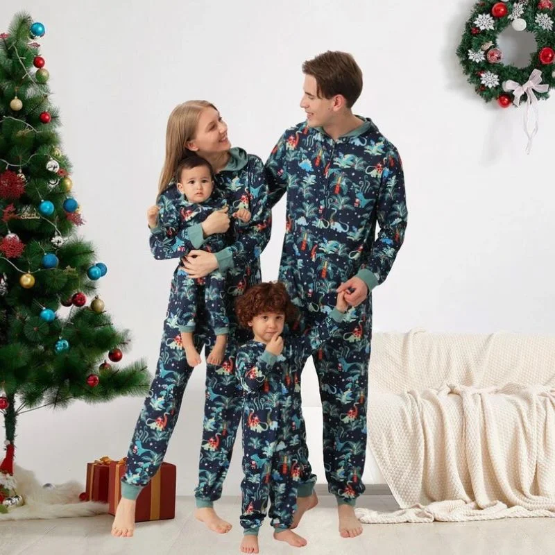 Fashionable matching mother and kid same suit for fun moments-Dinosaur Christmas Family Matching Pajamas