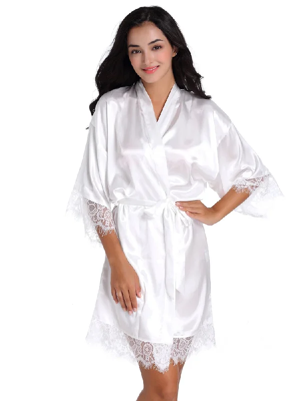 Women's robes with unique prints and designs-Lace satin back bronzing/Rhinestone bridal robe