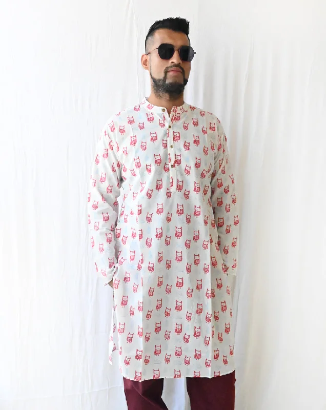 Stylish mother and kid same suit for shopping trips-Transistor Owls Cotton Men's Long Kurta