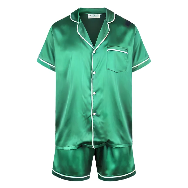 Soft matching mother and kid same suit for cozy moments-Personalised Men's Satin Pyjama Set - Short Sleeve Emerald Green/White