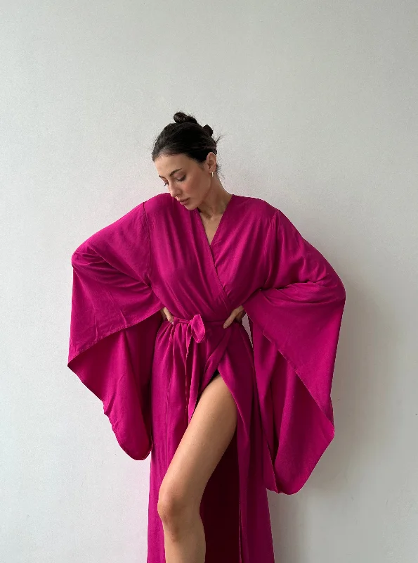 Soft robes for women with warm fleece texture-Kimono Sleeves Viscose Long Robe