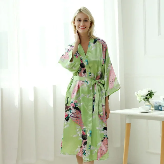 Women's robes with luxurious satin-Emerald Green Peacock Kimono | Long