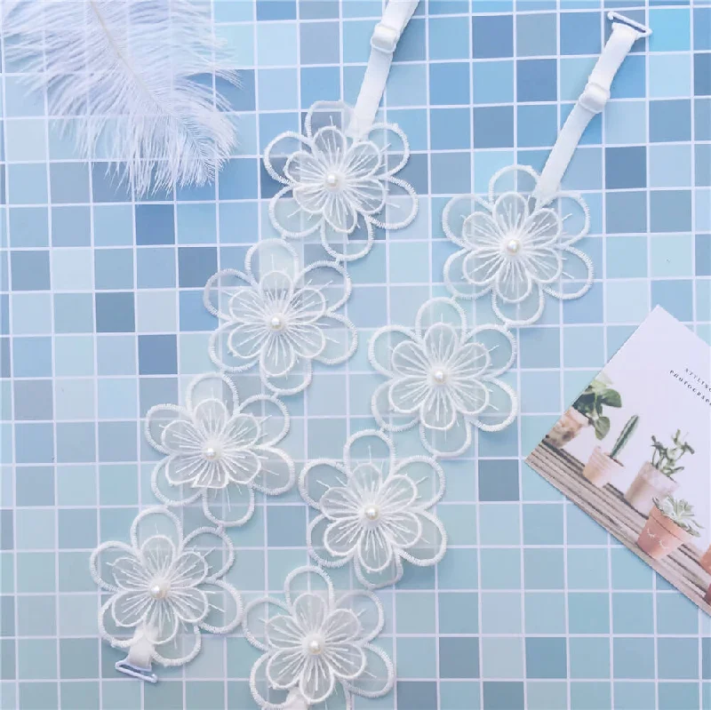 Nipple covers for body-shaping style-White Lace Big Flower Bra Strap