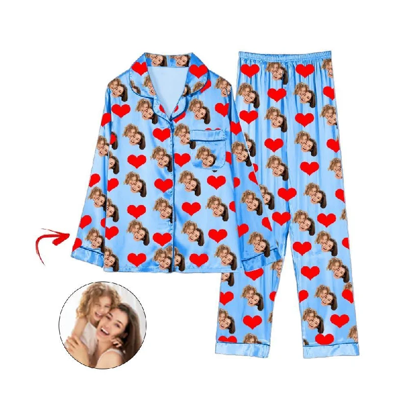 Comfortable matching mother and kid same suit for cozy days-Custom Photo Satin Pajamas Heart Happy Mother's Day Blue