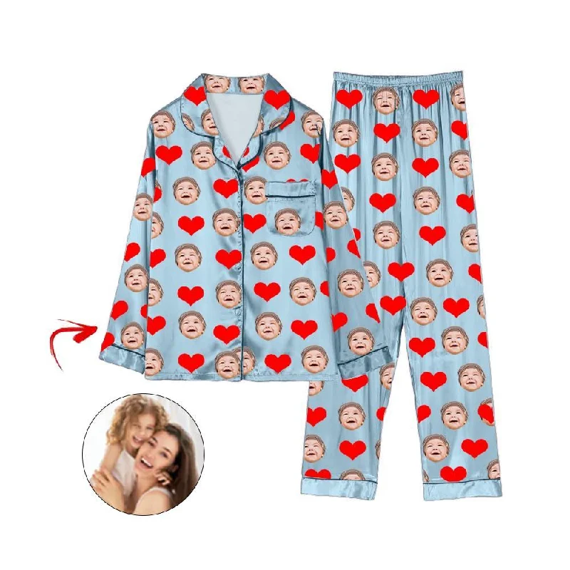 Comfortable matching mother and kid same suit for travel days-Custom Photo Satin Pajamas Heart I Love My Baby Light Blue