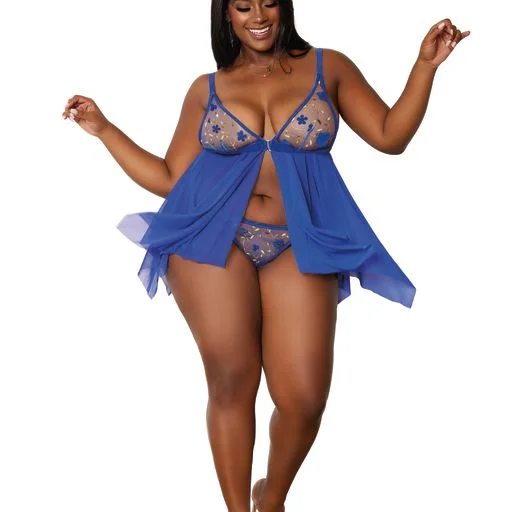 Women's sexy nightwear with soft touch for comfort-3D embroidery mesh babydoll and G-string set