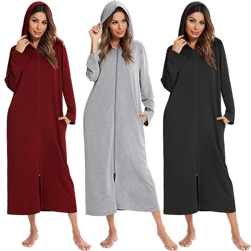 Stylish women's robes for home comfort-Witbuy Winter Women's Zipper Robe Coat With Pocket Modal Soft Bathrobe With Hood Solid Long Sleeve Gown Night Wear Women Autumn