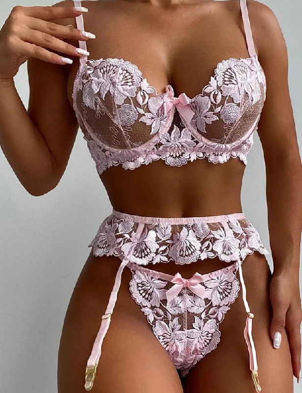 Silk lingerie sets with delicate design-3 pack Appliques Mesh Underwire Garter Lingerie Set
