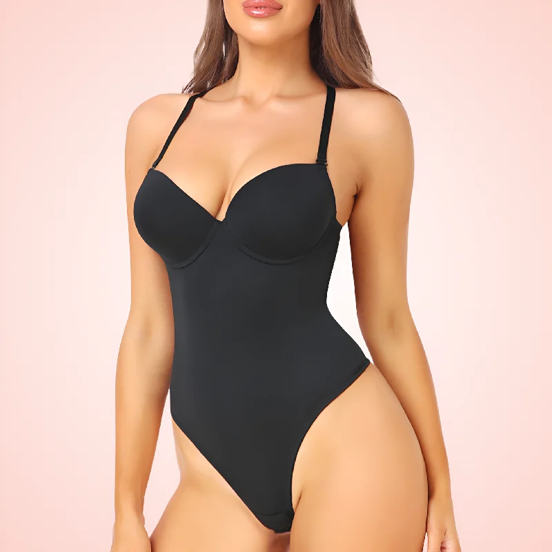 Bras for gentle support after breast surgery-Women's Low Back Thong Bodysuit Shapewear with Built In Bra