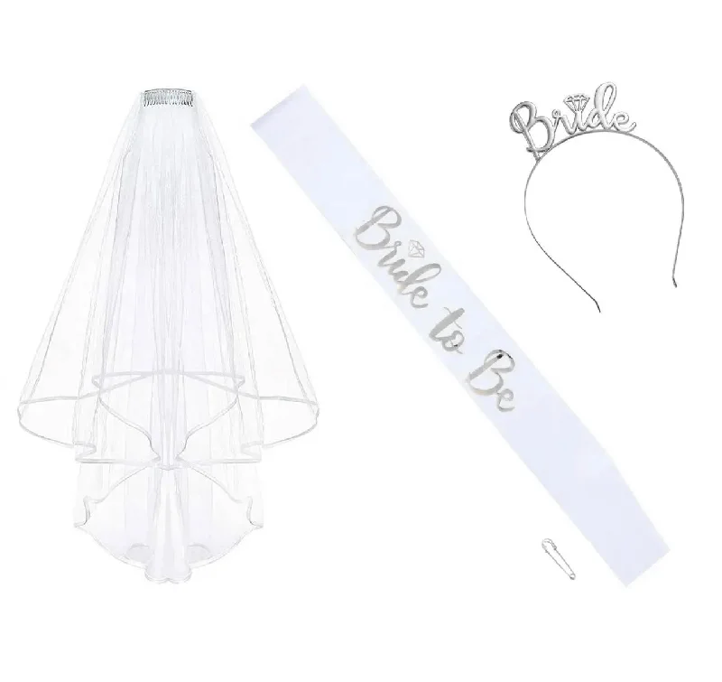 Nipple covers for wearing with dresses-Bridal 4 Set Sash, Pin, Veil, and Bridal Headband