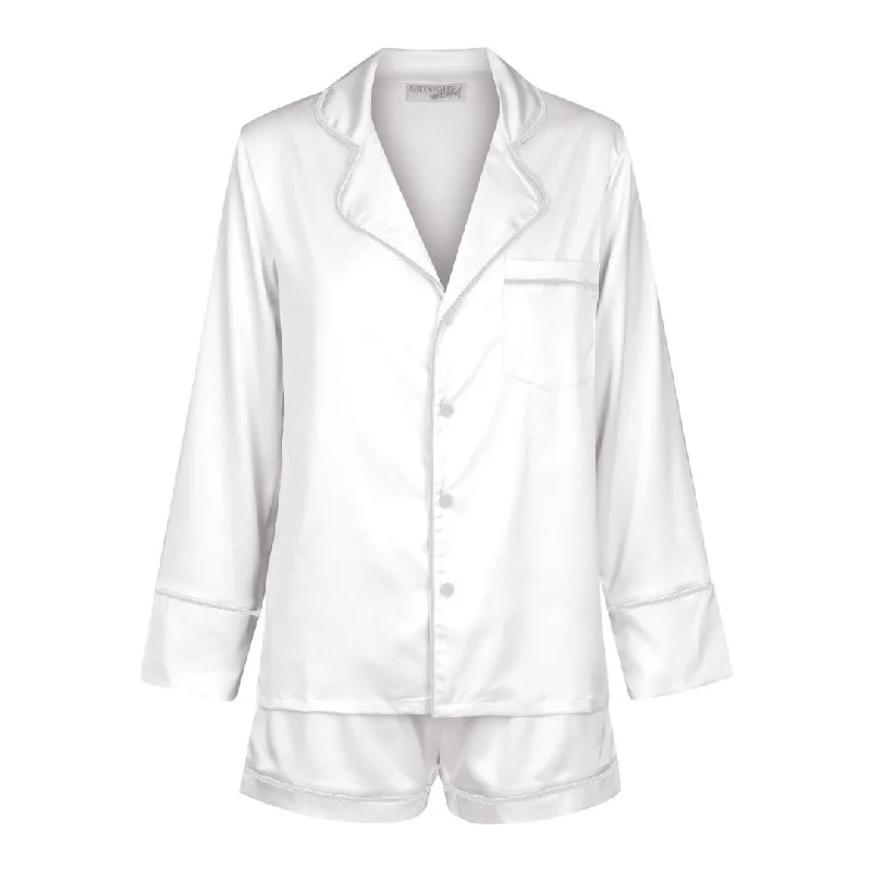 Matching mother and kid same suit for summer parties-Satin Personalised Pyjama Set - Long Sleeve White/White