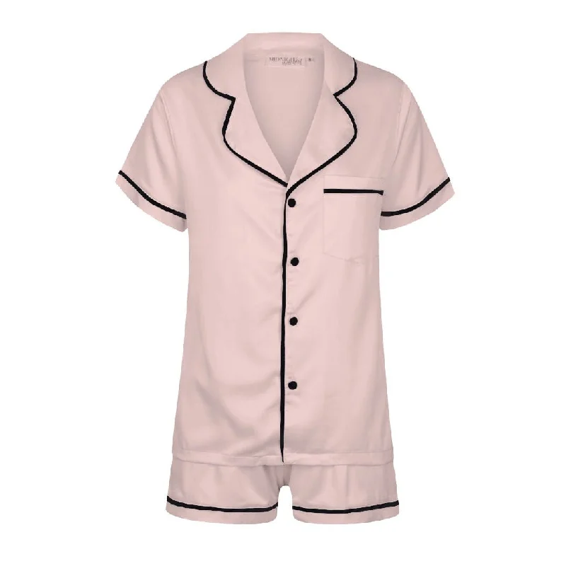 Fashionable matching mother and kid same suit for holidays-Satin Personalised Pyjama Set - Short Sleeve Blush Pink/Black